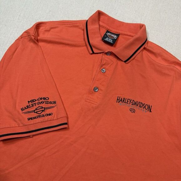Harley Davidson Golf Polo Mens Sz XL 100% Cotton Orange Mid Ohio Springfield - Picture 1 of 6